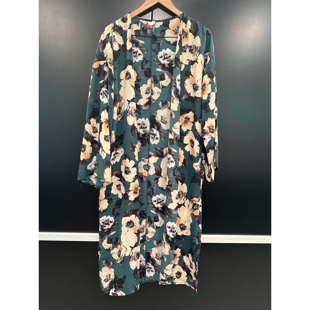 PinkBlush‎ Maternity Teal Floral Open Front Duster with Pockets Long Sleeve